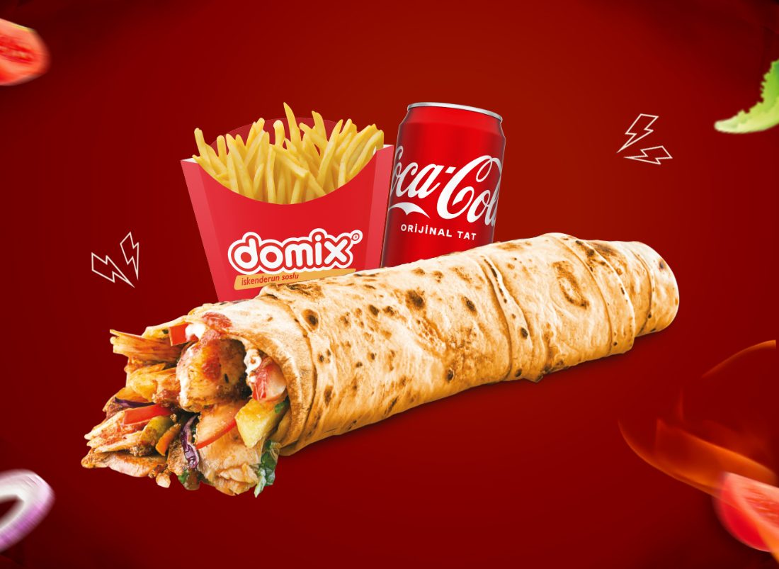 Dois Domix Klasik Menü – tavuk dürüm, patates cipsi, kola